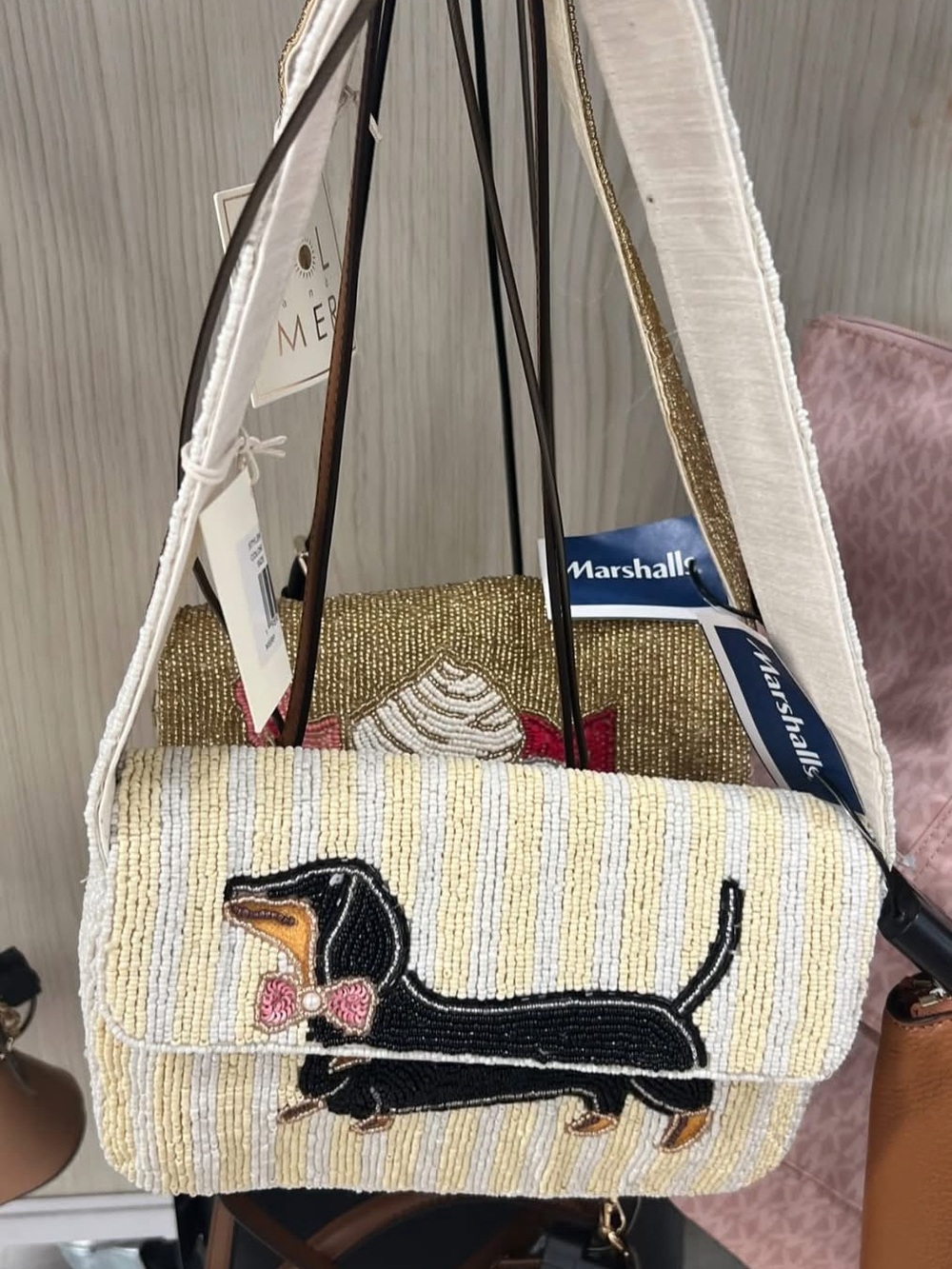 NEW Adorable Beaded Dachshund Crossbody Bag in Cream and Black
